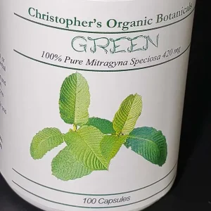 Front view of Green Borneo Kratom Capsules Bottle.