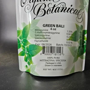 Front Package Display: Green Bali Kratom Powder, Batch 151513, with Listed Kratom Alkaloids.