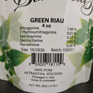 Green Riau Kratom Powder, Batch #152311: Package Front Showcasing Listed Kratom Alkaloids.