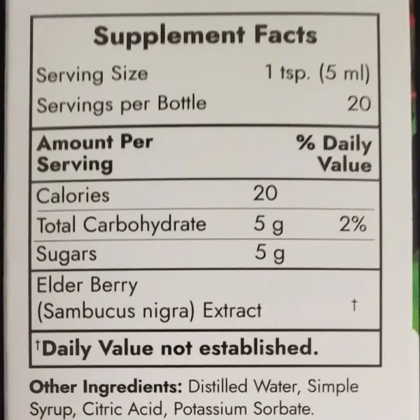 Black Elderberry Syrup supplement facts panel with calories, carbohydrates and sugars.