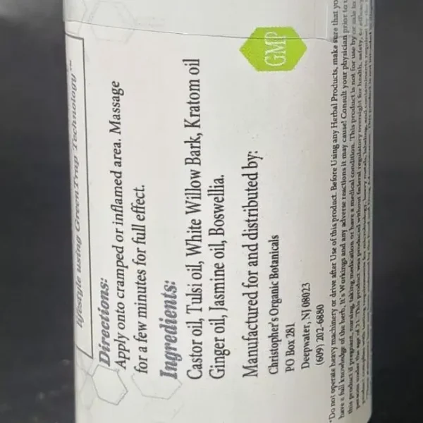 Directions and ingredients label for Cramp Release Kratom Topical Oil.