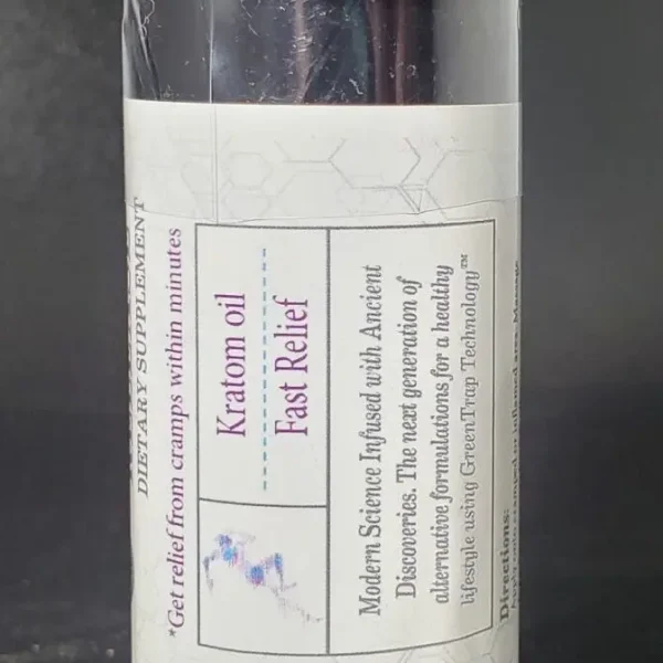 Label of the Cramp Release Kratom Oil highlighting its fast relief properties.