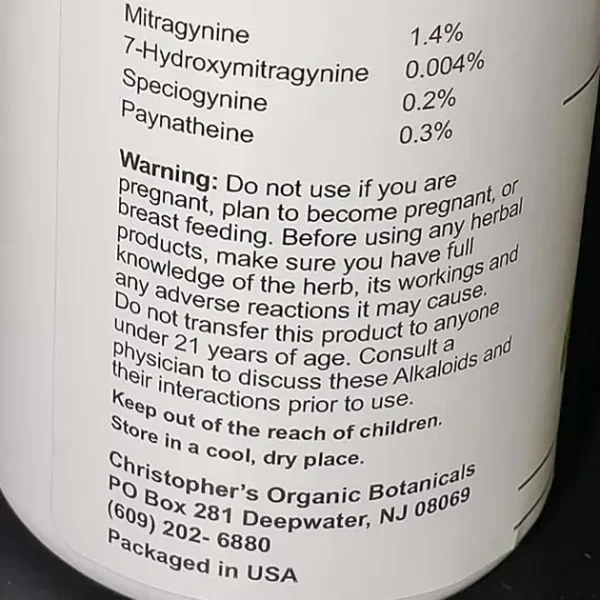 Warning Label and Kratom Alkaloids on Green Borneo Kratom Capsules Bottle.