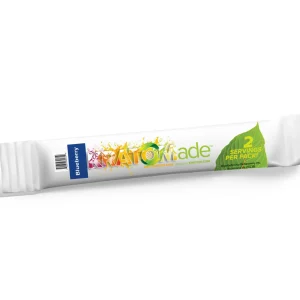 Close-up of a Kratomade Mountain Blueberry Kratom Extract Mix packet, highlighting the 2-serving size and natural ingredients, on a vibrant background. 50 mgs mitragynine per serving.