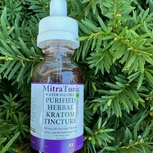 Image of MitraTonic bioavailable Kratom Tincture, displayed with pine needles to emphasize its purity and natural quality.