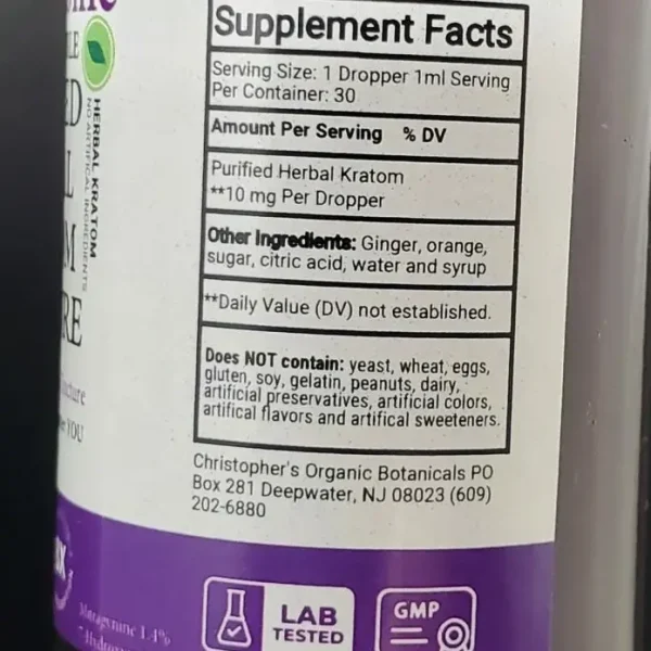 Image of the supplement facts panel and serving size information on a MitraTonic kratom tincture bottle.