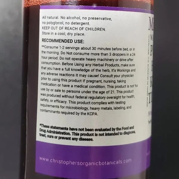 Label on a MitraTonic kratom tincture bottle showing recommended usage instructions.
