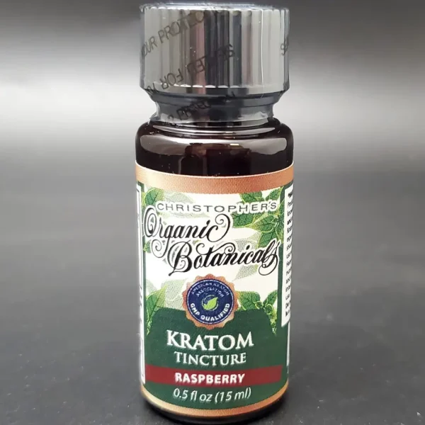 Raspberry Kratom Tincture Front Label with GMP Logo - Herbal Supplement for Wellness and Relaxation.