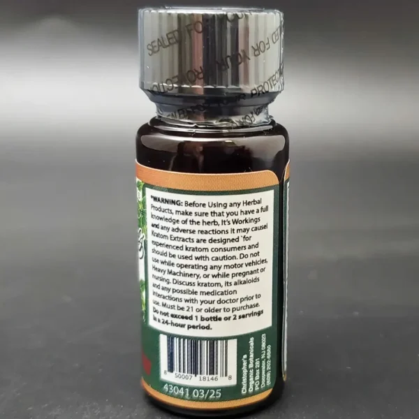 Raspberry Kratom Tincture Warning Label: Important Safety Information on Side Panel.