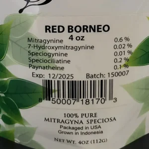 Front view of the Red Borneo kratom package, batch 15007, displaying alkaloid content for product transparency.