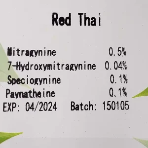 Red Thai Kratom Powder Batch 150105 front of the package with kratom alkaloids listed on the package for transparency.