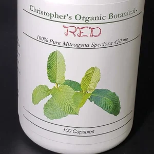Front view of Red Thai Kratom Capsules bottle, containing 100 capsules per bottle.