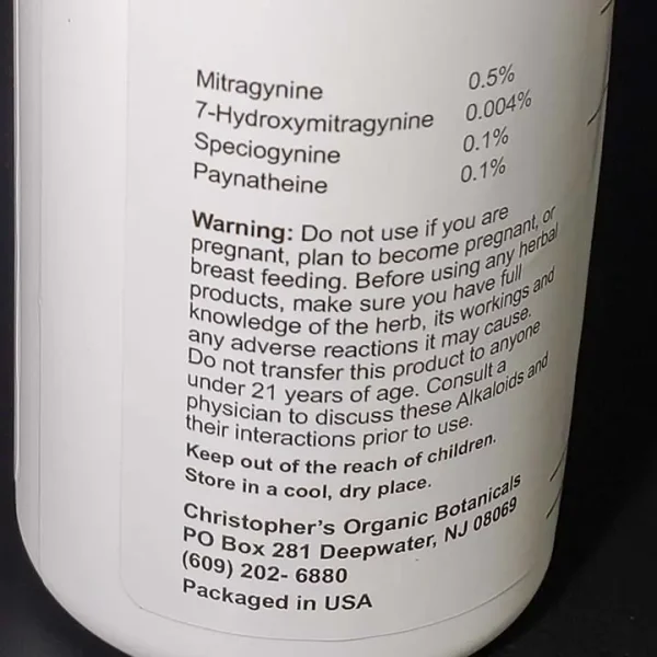 Red Thai Kratom Capsules Warning Label: Important Safety Information and kratom alkaloid percentages.