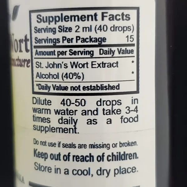 Salem Botanicals St. John's Wort Tincture Supplement: Nutritional Information Panel.