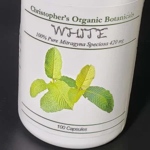 Front view of a bottle containing White Maeng Da kratom capsules, clearly displaying the product label and capsule details.
