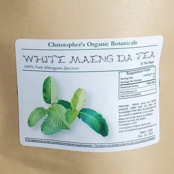 Pack of 20 White Maeng Da kratom tea bags, displaying the packaging which emphasizes quantity and branding.