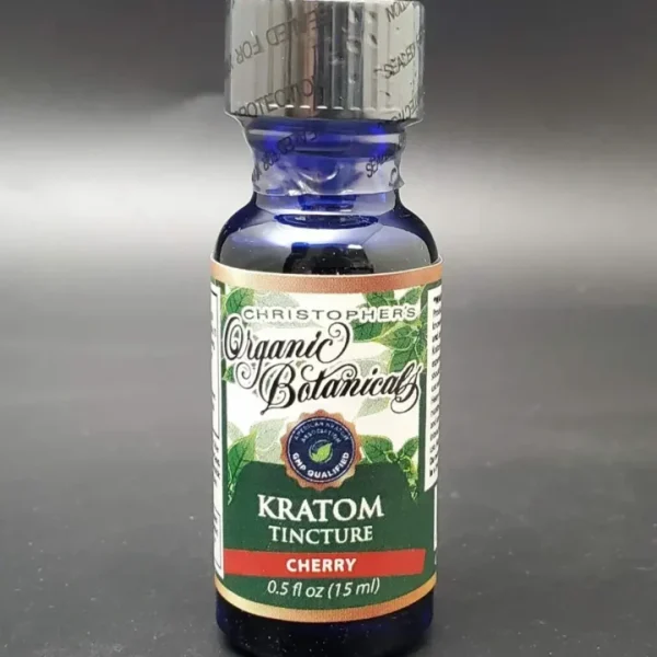 Front label of Christopher's Organic Botanicals Cherry Kratom Tincture Shot showcasing the kratom extract in a convenient shot form for quick and natural wellness support.