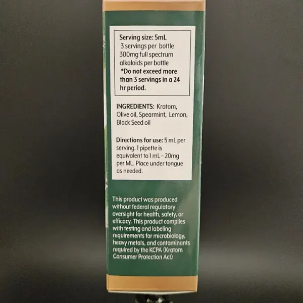 Instructions and Serving Size Label for Full Spectrum Kratom Oil.