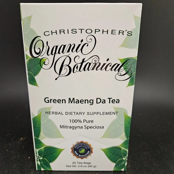 Box of 20 Green Maeng Da tea bags crafted from premium green crushed leaf kratom.