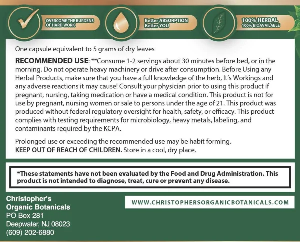 COB Purified Kratom Plus Capsules: Warning Label and Recommended Use.