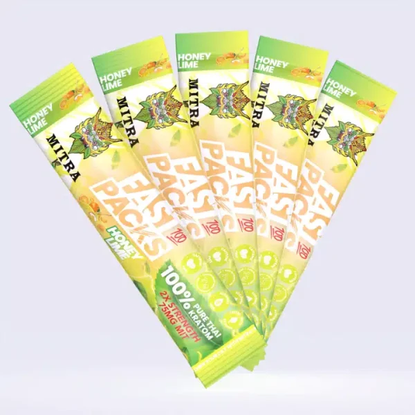 Multiple Mitra-K FastPacks Honey Lime sachets arranged together, highlighting their vibrant design and premium, natural Kratom energy blend.