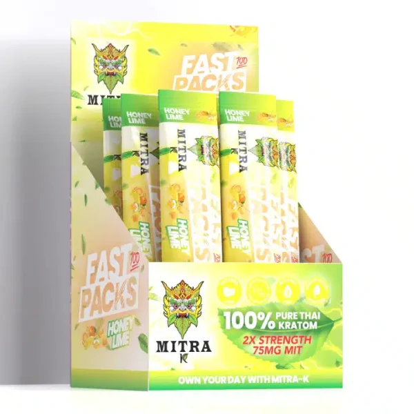 Display of Mitra-K FastPacks Honey Lime flavor sachets, showcasing their vibrant packaging and natural, refreshing energy boost.