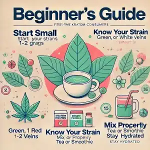 Illustration featuring kratom leaves, a tea cup, and labeled steps for first-time kratom use, including 'Start Small,' 'Know Your Strain,' 'Mix Properly,' and 'Stay Hydrated,' with a modern pastel design.