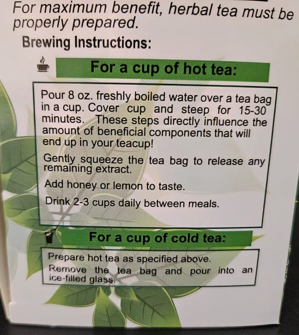 Kratom tea bags brewing directions printed on product packaging.