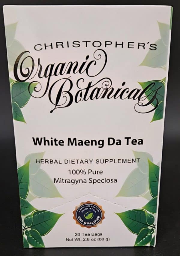 Packaged White Maeng Da kratom tea bags with bold, clean labeling.