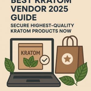 Best Kratom Vendors 2025 Illustration of a laptop displaying a kratom package with green leaves, a verified checkmark, and a shopping bag with a star badge, symbolizing trust in kratom vendors for 2025.