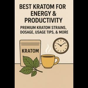 Minimalist graphic of a kratom pouch, green leaves, a steaming cup of tea, and a clock, symbolizing energy, focus, and productivity.
