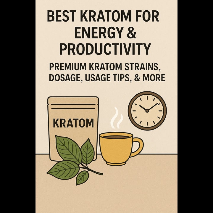 Minimalist graphic of a kratom pouch, green leaves, a steaming cup of tea, and a clock, symbolizing energy, focus, and productivity.