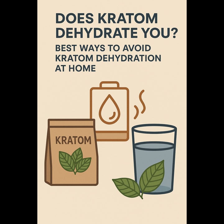 Does Kratom Dehydrate You? Illustration of a kratom pouch, green leaves, a hydration battery icon, and a glass of water, symbolizing hydration and preventing kratom-related dehydration.