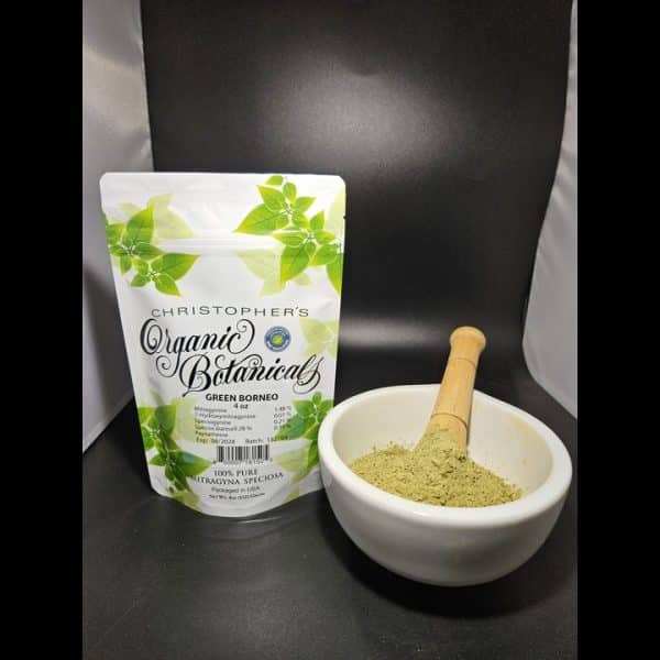 Green Borneo kratom powder with product packaging batch 152704 – natural organic kratom from Indonesia.