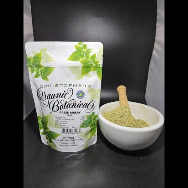 Green Malay kratom powder with product packaging batch 15234 – premium natural kratom from Malaysia and Indonesia.