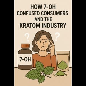 Illustration of a confused woman sitting between a 7-OH bottle and a pouch of kratom powder with leaves, representing consumer uncertainty in the kratom industry.