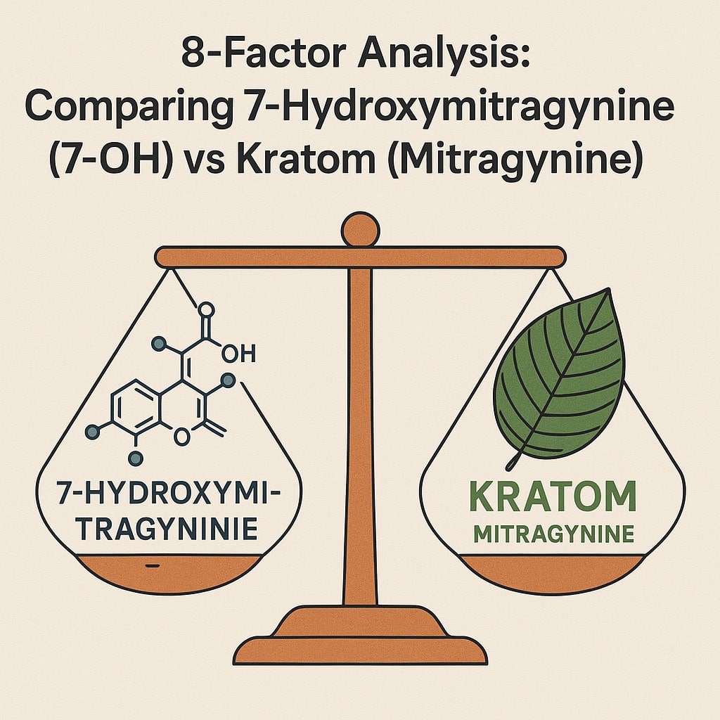 8 Factor Analysis Illustration comparing 7-hydroxymitragynine (7-OH) and kratom (mitragynine) on a balanced scale, symbolizing scientific comparison of natural versus synthetic compounds.