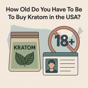Illustration showing a kratom pouch, an ID card, and an 18+ age restriction symbol over a U.S. map background, representing kratom purchasing age laws.