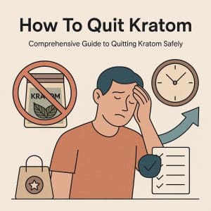 Illustration of a person thoughtfully deciding to quit kratom, with a crossed-out kratom pouch, a clock, and a checklist representing safe, planned withdrawal.