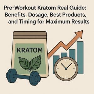 Illustration of a kratom pouch beside a dumbbell, clock, and rising bar chart symbolizing pre-workout energy, timing, and performance improvement.