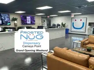 Interior of The Frosted Nug Carneys Point cannabis dispensary in New Jersey, a wellness-driven destination with local NJ-grown cannabis, coffee lounge, podcast studio, and community space.